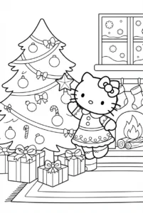 Hello Kitty hanging an ornament on a Christmas tree beside presents