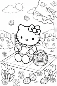 Hello Kitty decorating Easter eggs in a spring garden