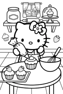 Hello Kitty decorating strawberry cupcakes at a bakery counter