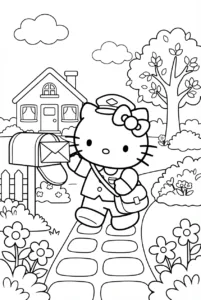 Hello Kitty delivering a letter to a mailbox beside a cottage