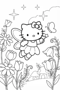 Hello Kitty fairy flying above large flowers with wings and a wand