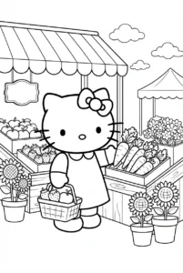 Hello Kitty shopping for fruit and vegetables at a farmers market