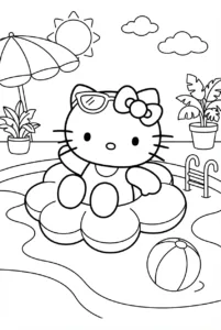 Hello Kitty floating in a flower-shaped pool tube with a beach ball