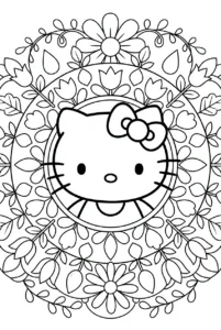 Hello Kitty portrait surrounded by a floral mandala pattern