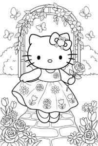 Hello Kitty wearing a flower dress beneath a garden arch