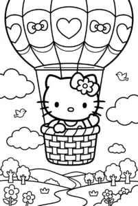 Hello Kitty waving from a hot air balloon above clouds and hills