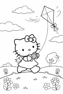Hello Kitty running across a grassy hill while flying a kite
