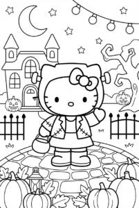 Hello Kitty wearing a cute Frankenstein costume outside a Halloween mansion