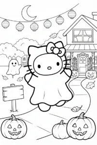 Hello Kitty wearing a friendly ghost costume at a Halloween garden party