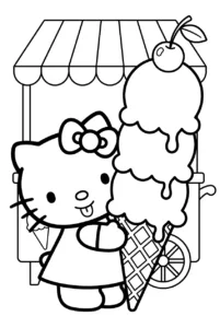 Hello Kitty holding a giant three-scoop ice cream cone by a cart