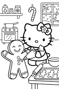 Hello Kitty decorating a friendly gingerbread character in a kitchen