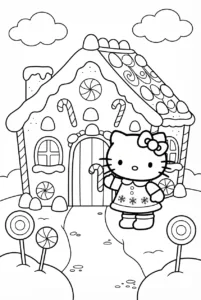 Hello Kitty standing beside a candy-decorated gingerbread house