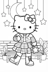 Hello Kitty wearing a layered goth-punk outfit with boots and stars