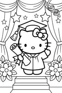 Hello Kitty wearing a graduation cap and gown while holding a diploma