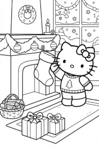 Hello Kitty hanging a Christmas stocking beside a fireplace
