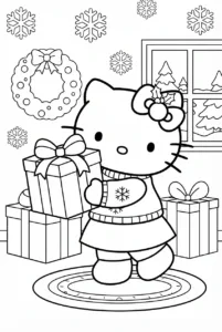 Hello Kitty holding a large wrapped Christmas present with a bow