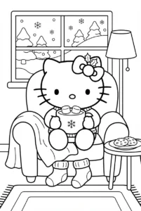 Hello Kitty drinking hot cocoa beside a snowy winter window