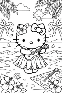 Hello Kitty dancing hula on a tropical beach with palm trees
