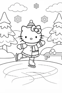 Hello Kitty ice skating on a frozen pond between snowy pine trees