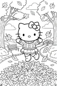 Hello Kitty jumping into a large pile of autumn leaves in a park