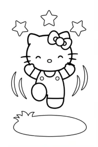Hello Kitty jumping with raised paws beneath large stars