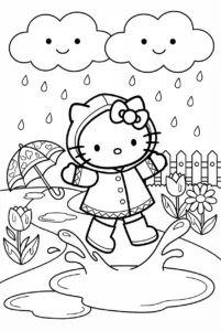Hello Kitty jumping in a puddle wearing a raincoat and boots