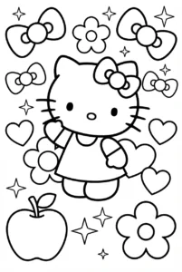 Hello Kitty surrounded by bows, apples, hearts, flowers and sparkles