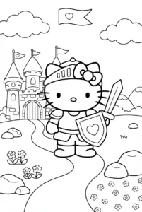 Hello Kitty knight holding a heart shield in front of a small castle
