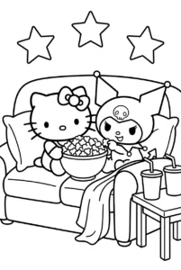Hello Kitty and Kuromi sharing popcorn on a sofa at movie night