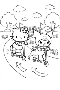 Hello Kitty and Kuromi racing scooters along a park path