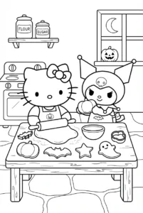 Hello Kitty and Kuromi baking Halloween cookies in a kitchen