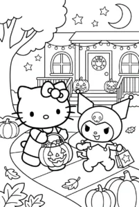 Hello Kitty and Kuromi trick-or-treating together outside a decorated Halloween house