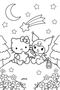 Hello Kitty and Kuromi sitting together beneath stars and a crescent moon