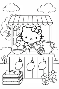 Hello Kitty pouring lemonade at an outdoor lemonade stand
