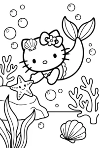 Hello Kitty mermaid swimming through coral with a starfish