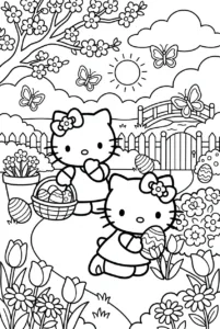 Hello Kitty and Mimmy searching for Easter eggs in a spring meadow