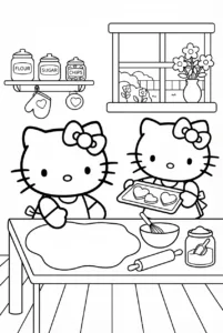 Hello Kitty and Mimmy baking heart-shaped cookies together