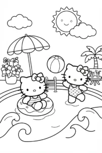 Hello Kitty and Mimmy playing with a beach ball in a swimming pool