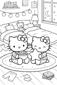 Hello Kitty and Mimmy having a sleepover with pillows and sleeping bags
