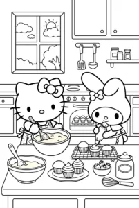 Hello Kitty and My Melody baking cupcakes together in a kitchen