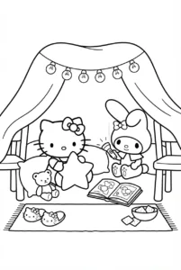 Hello Kitty and My Melody relaxing inside a cozy blanket fort