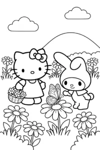 Hello Kitty and My Melody walking among flowers with a butterfly
