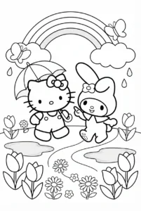 Hello Kitty and My Melody walking through flowers beneath a rainbow