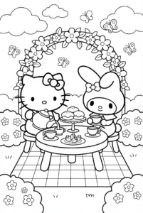 Hello Kitty and My Melody having tea together in a flower garden