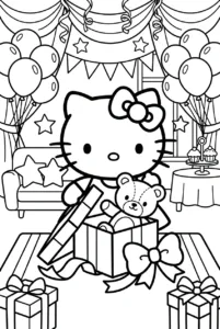 Hello Kitty opening a birthday present with a teddy bear inside