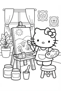 Hello Kitty painting a flower landscape on an easel