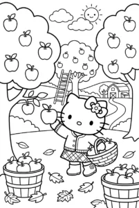 Hello Kitty picking apples with a basket in an autumn orchard