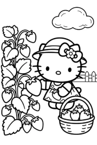Hello Kitty picking strawberries beside a basket in a garden