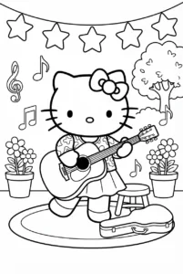 Hello Kitty playing an acoustic guitar in a backyard music area