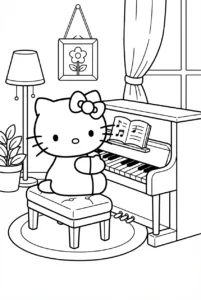 Hello Kitty playing an upright piano in a cozy living room